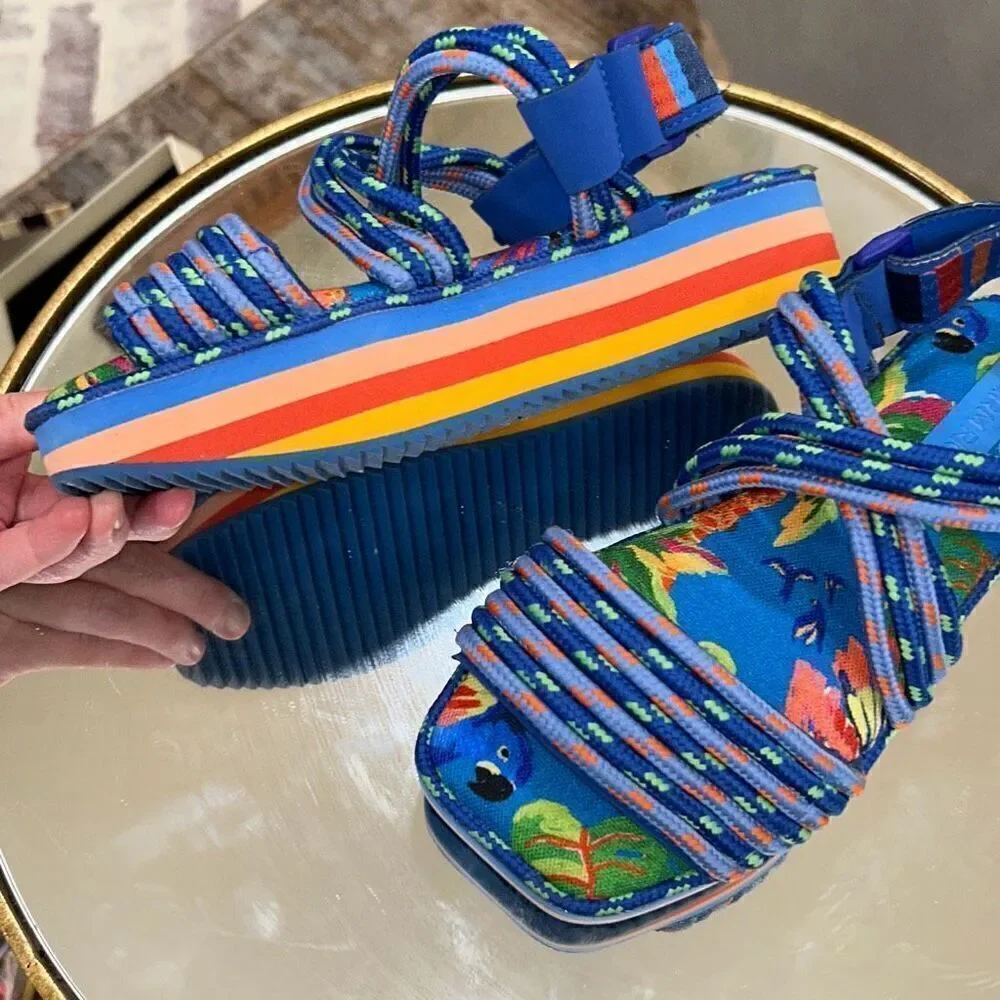 Farm Rio Macaw Platform Rainbow Sandals Women's Size 5 New Without Box
